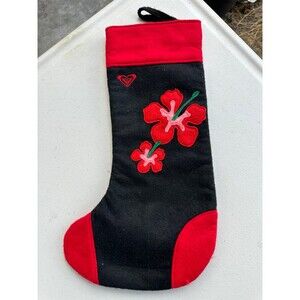 Roxy Hawaiian Tropical Embroidered Hibiscus Felt Red Black Christmas Stocking